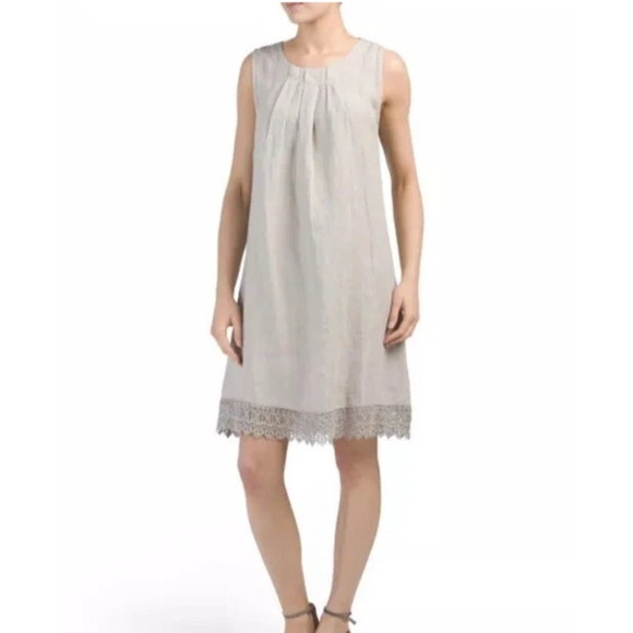 Rosemarne Linen Sheath Dress Medium Crocheted Hem Italian Beige Coastal Casual - Picture 1 of 9